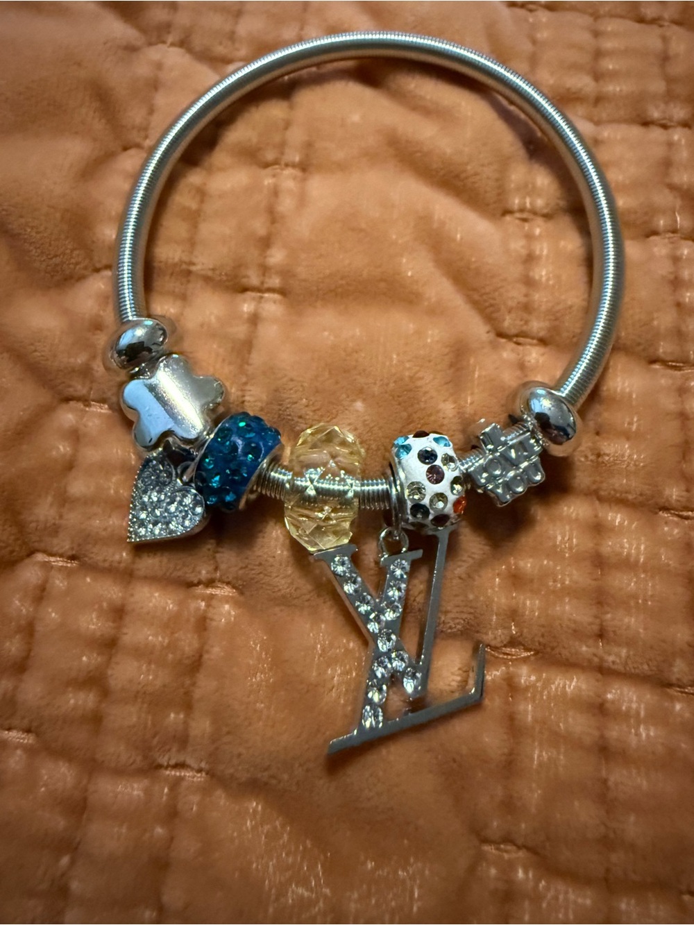 Silver Charm Bracelet with Blue and Yellow Crystal Accents- Fashion Jewelry